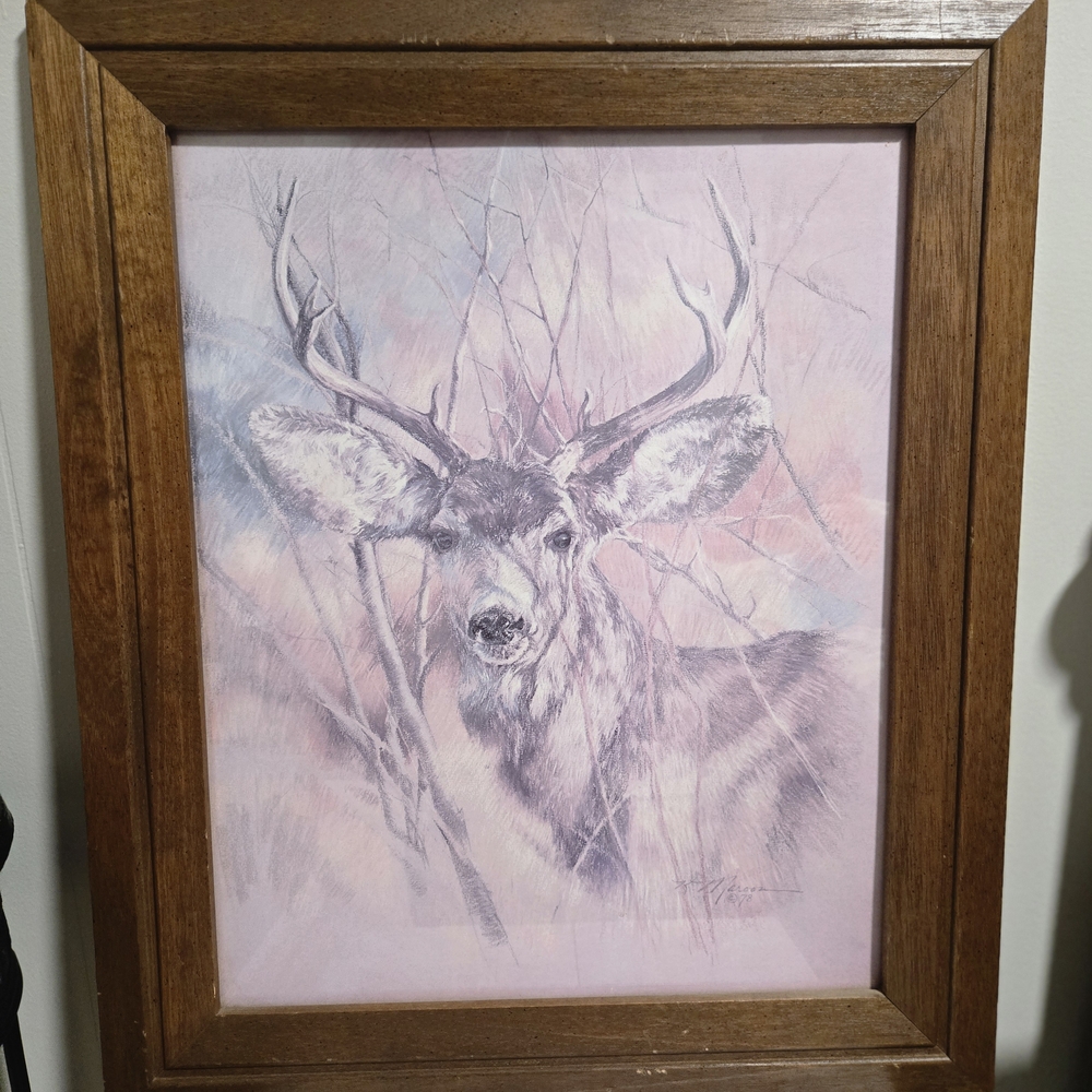 Vintage Home Interiors Wood Framed Deer Print The Silent Buck K Maroon 1978